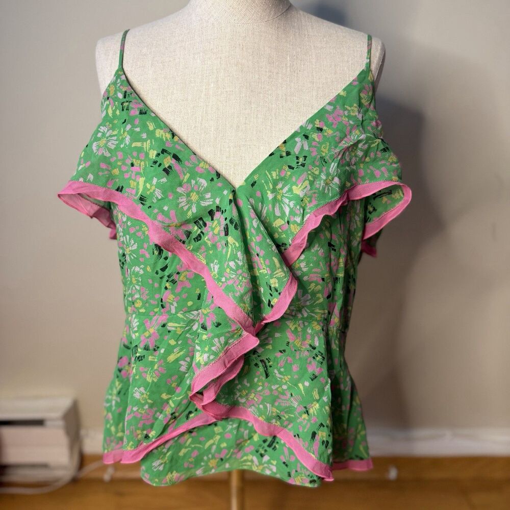 BCBG Maxazria Silk Ruffle Camisole Tank Top L EUC Floral Tropical Coquette Y2K